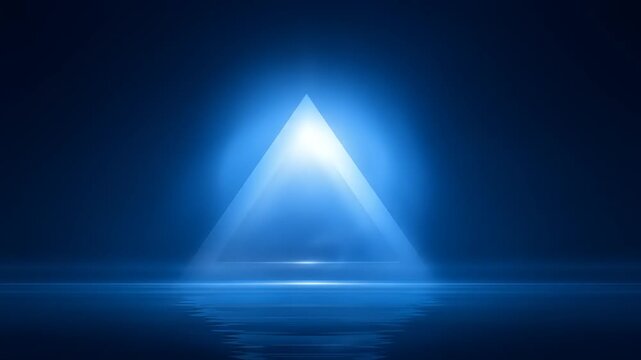 A glowing, ethereal triangle framed against a deep blue backdrop, reflected on calm waters