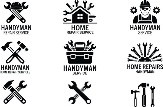 Handyman Repair Service Logo Set Home Maintenance Tools Wrench Hammer Toolbox Technician Icons Collection Professional Design