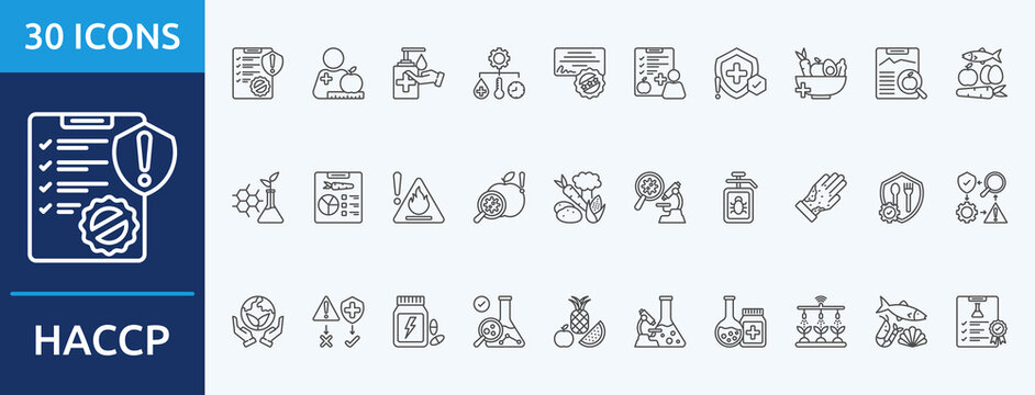 haccp
 - Icon Collection. Thin outline Set contains such Icons as dietitian, hygiene, control, certification, nutritionist and more. Simple web icons set
