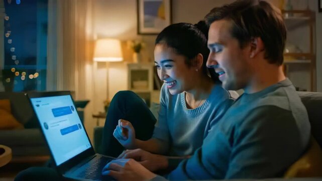 Notification pinging, couple in knit reacting to laptop chat at home, woman pointing, man typing