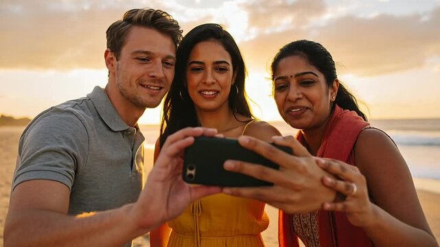 Holding phone, center woman urging friends posing-reviewing selfie capturing sunset on beach, dress