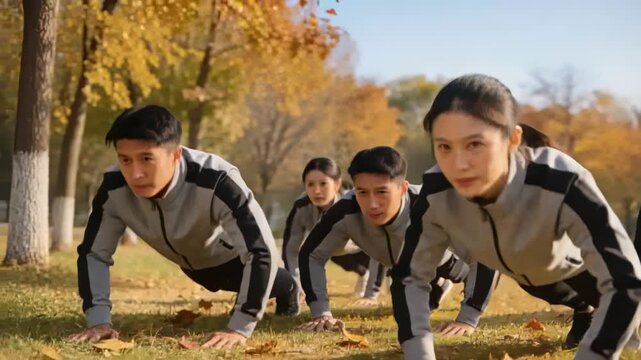 Lowering five adults in gray-black tracksuits from high plank into push-ups during training in park