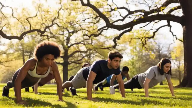 Following cue, front trio lowering into push-ups on lawn in workout gear with water bottle