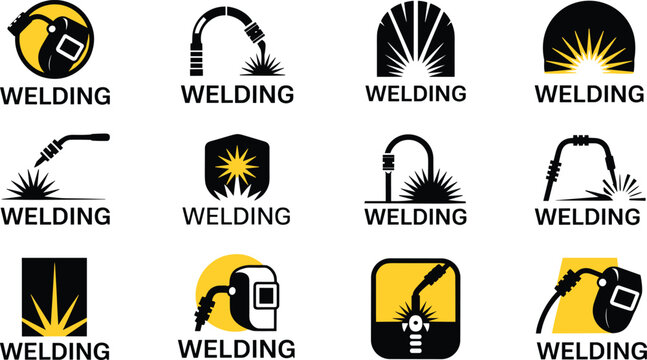 Welding logo collection, industrial metalwork service icons, welder torch badge templates, fabrication branding vector design set bundle