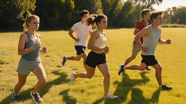 Drill starting, sprinting five runners training across sunlit field wearing tank tops running shoes