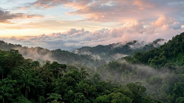 Beautiful clouds meeting a lush rainforest at tranquil dawn, scenic nature panorama with fresh mist, rich greenery and peaceful tropical atmosphere for travel and environment concepts, soft natural