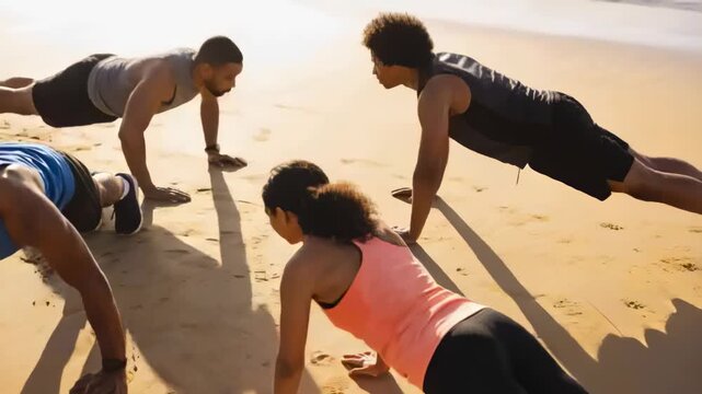 Doing push-ups four adults following gray-tank leader signaling in sync on beach for workout, watch
