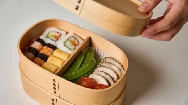 Lifting lid, right hand revealing bento on table to show sushi, tamago, snap peas, striped sleeve