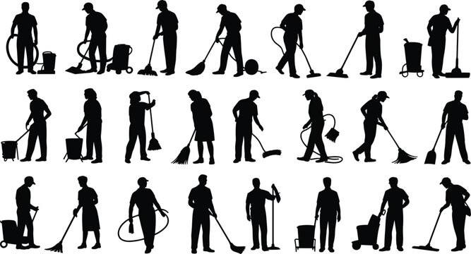 Cleaning worker silhouette set, janitor service staff collection, housekeeping equipment icons, professional cleaner vector people bundle pack