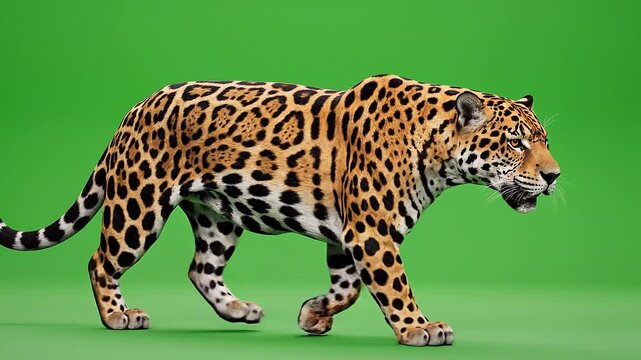 A majestic roaring jaguar captured on a jaguar green screen, showcasing its powerful presence and stunning spotted coat