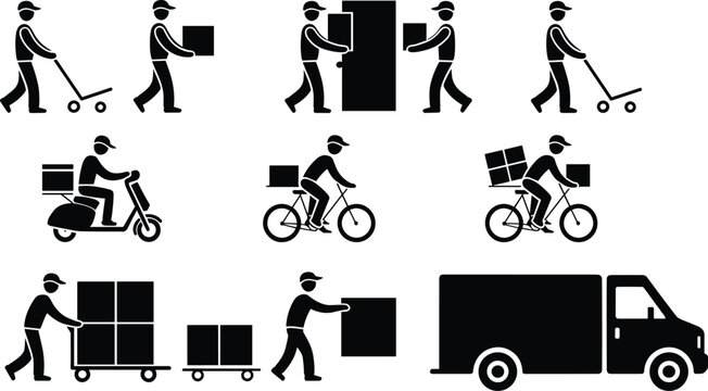 Delivery service worker icons set, courier movers with boxes truck scooter bicycle handcart logistics silhouette collection vector