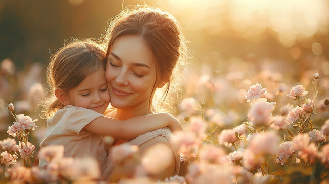 A tender moment between mother and daughter in a field of flowers, bathed in sunlight. The mother embraces her daughter with a gentle hug