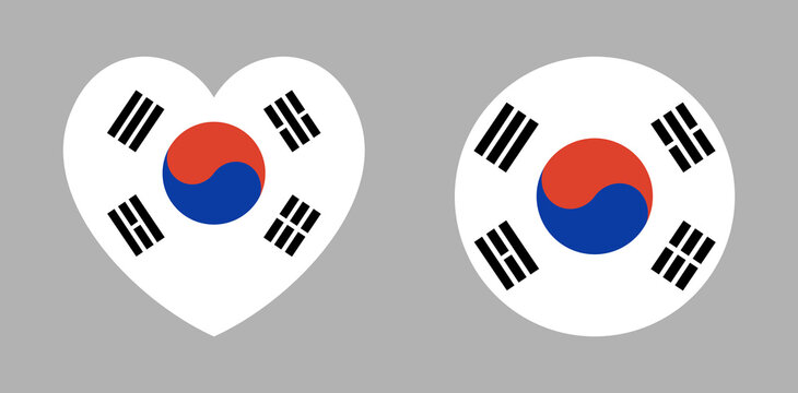 Flag of South Korea. South Korean heart, circle flag logo, icon, sticker set. South Korea round, heart flag badge, button. National flag emblem, background, banner.