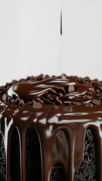 Close-up of a deliciously rich chocolate cake drizzled with molten chocolate and topped with crushed chocolates.