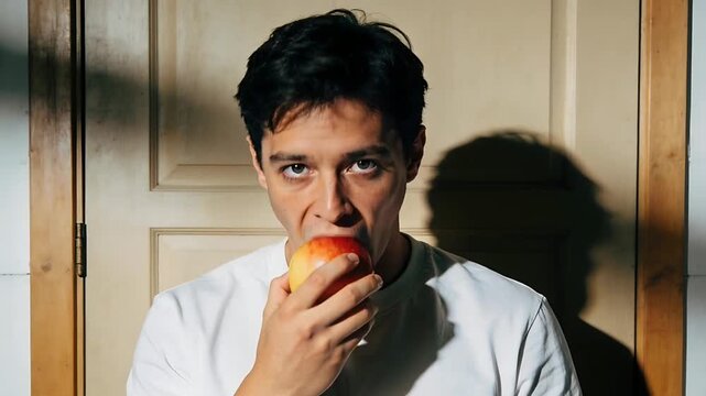 Gaze dropping, man in white T-shirt checking ripeness of red-yellow apple at wood door, biting