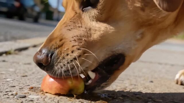Noticing half-eaten red-yellow apple, tan dog licking and nipping snout on sidewalk, pulling juice