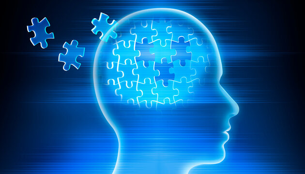 Head and brain diseases concept - missing pieces flying of the brain puzzle on blue background with copy space	