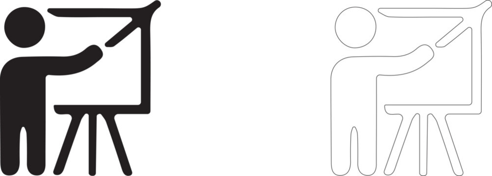 Presenter at chalkboard, symbol of education, business presentation and learning process, vector icon in two styles: glyph and outline.