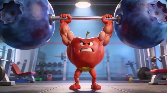 Gripping apple lifter pressing blueberry-barbell overhead in gym in yellow briefs, finishing lift