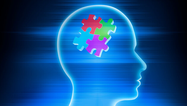 Conceptual artwork showing a 3D silhouette of a head with puzzle pieces, symbolizing mental activity, intelligence, or creativity - 3D illustration on blue background