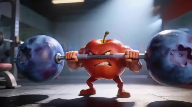 Gripping blueberry barbell, apple lowering and pressing overhead on gym floor for training