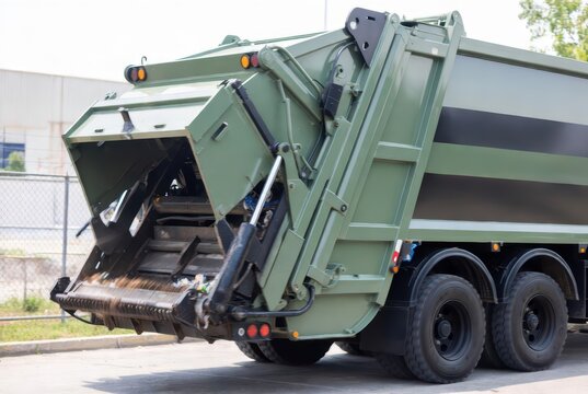 Rear view of a green garbage truck with hydraulic arm and compactor mechanism engaged
