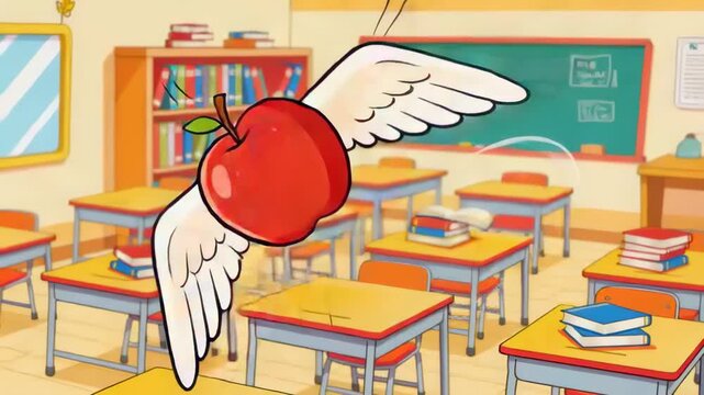 Flapping red apple with white wings lifting off stack of textbooks at classroom desk, circling rows