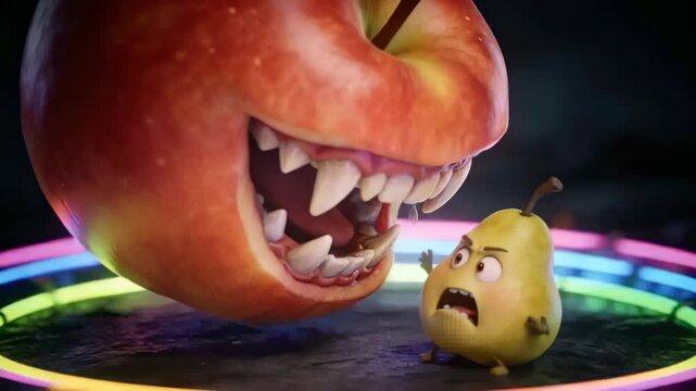 Recoiling yellow-green pear reacting to looming apple from left on neon stage, saliva, copy space