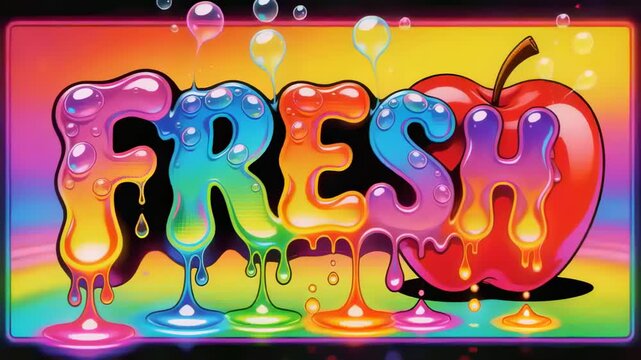 Advancing frames showing FRESH and apple forming gloss drips and bubbles on panel for fresh look