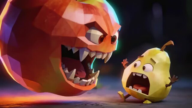 Lunging red apple opening jaw at yellow pear, intimidating and forcing recoil on dim rim-lit floor