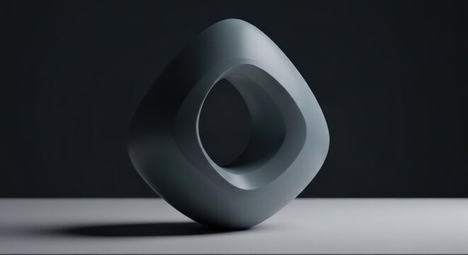 A smooth, abstract sculpture with rounded square edges and a central opening, against a dark backdrop