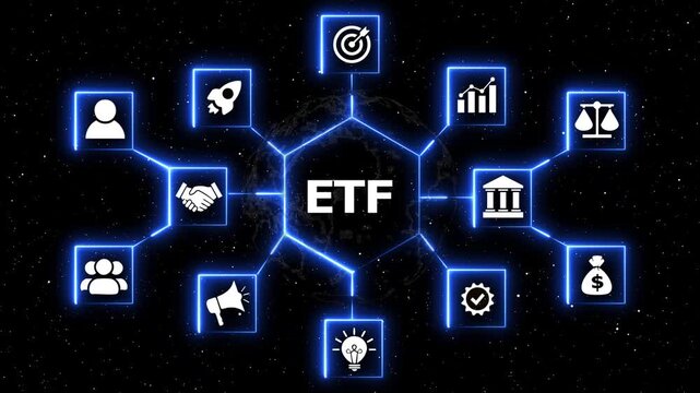 Exchange traded fund concept with neon blue icons. Dynamic motion graphics animation showing etf text in hexagon with financial icons on digital starry background footage.