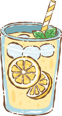 Lemon soda in glass with lemon slice and mint leaf, refreshing citrus drink in cold glass, hand drawn illustration © littlebabestudio