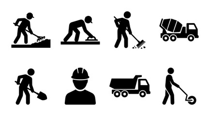 Construction worker icons set, road work maintenance pictograms, industrial builder silhouettes with heavy machinery and tools, 8 vector elements © Rakib