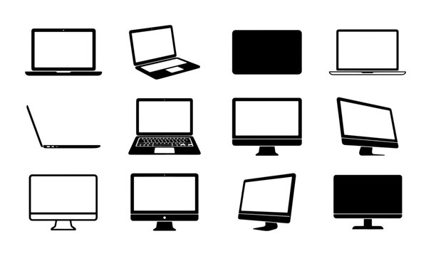 Minimalist laptop and desktop monitor icons, set of 12 computer vector silhouettes, modern electronic device screen mockups for web design