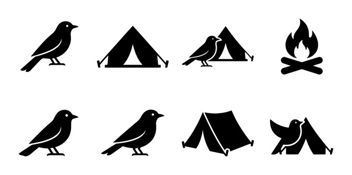 Camping and wildlife icon set, black silhouette bird and tent symbols, outdoor adventure bonfire vector elements for nature park maps and hiking guides