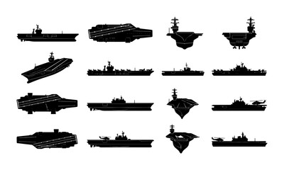 Military aircraft carrier silhouettes, set of 16 naval warship icons, black maritime vessel vector collection for defense and navy infographics © Nusrin