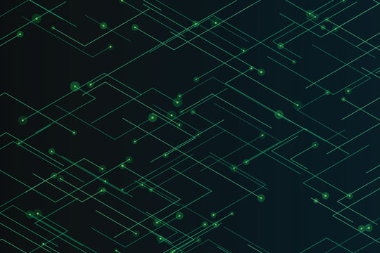 Abstract network of intersecting green lines and nodes on dark background, technology data