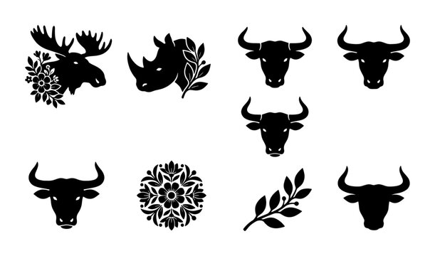 Minimalist animal head silhouettes, black vector icons of bull, moose and rhino, floral botanical elements and 10 graphic design assets