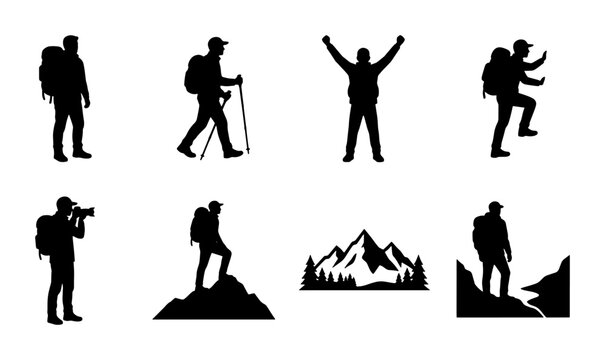 Hiking silhouette vector collection, mountain climber and backpacker icons, outdoor adventure traveler set with trekking gear and peak scenery