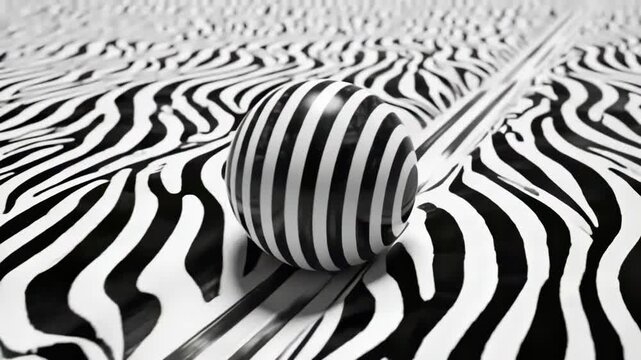Rolling striped sphere sliding along seam on tabletop as camera push reveals zebra reflections