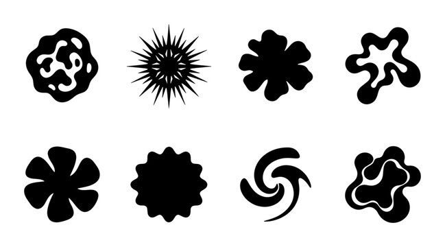 Abstract black organic shapes set, 8 minimalist vector ink blobs and starburst icons, decorative liquid splash and floral silhouette elements for logo design