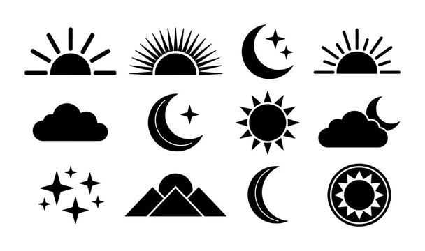 Minimalist celestial icon set, black sun and moon vector symbols, 12 weather and astrology elements, simple geometric nature graphics for logo design