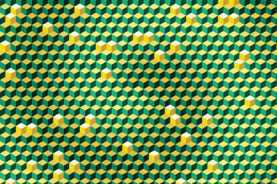Seamless isometric cube pattern with green, yellow, and white accents cubes geometric