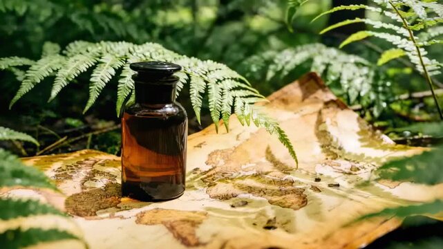 Camera pushing small amber glass bottle into sharper focus on forest floor, revealing map textures