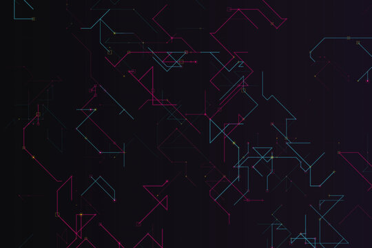 Neon circuitry network on dark grid background, technology abstract