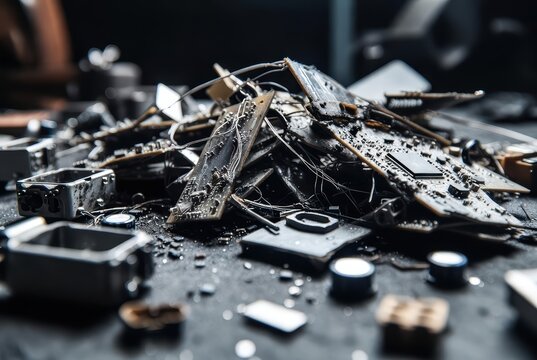 Pile of discarded electronic components and circuit boards, representing e-waste and recycling