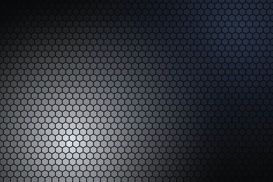 Dark hexagonal grid with subtle blue and grey gradient lighting hexagonal pattern dark background