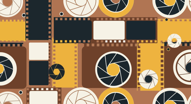 Mid century seamless pattern of film cameras and lenses in vector illustration