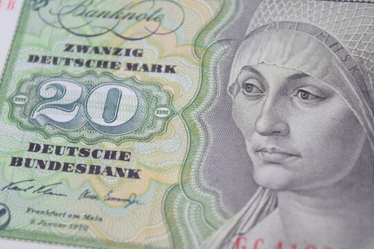 Deutsche Mark banknote issued in 1970 by the Deutsche Bundesbank, featuring the portrait of Elsbeth Tucher by Albrecht Durer. 